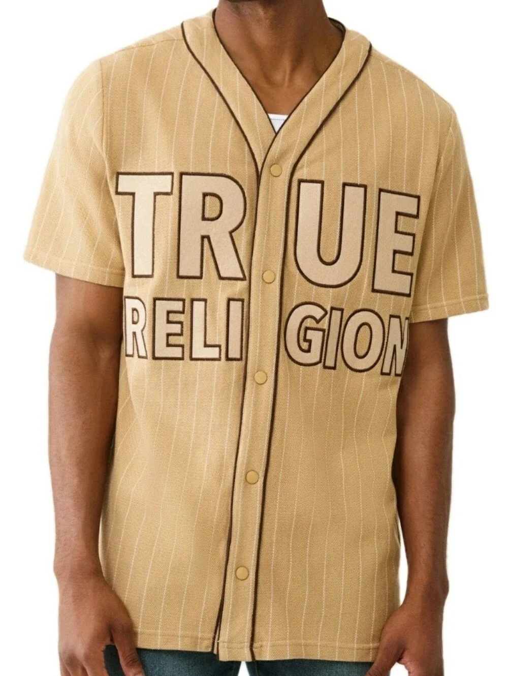 TRUE RELIGION: MEN'S LOGO BASEBALL JERSEY: BEIGE: SIZE: MEDIUM: BRAND NEW